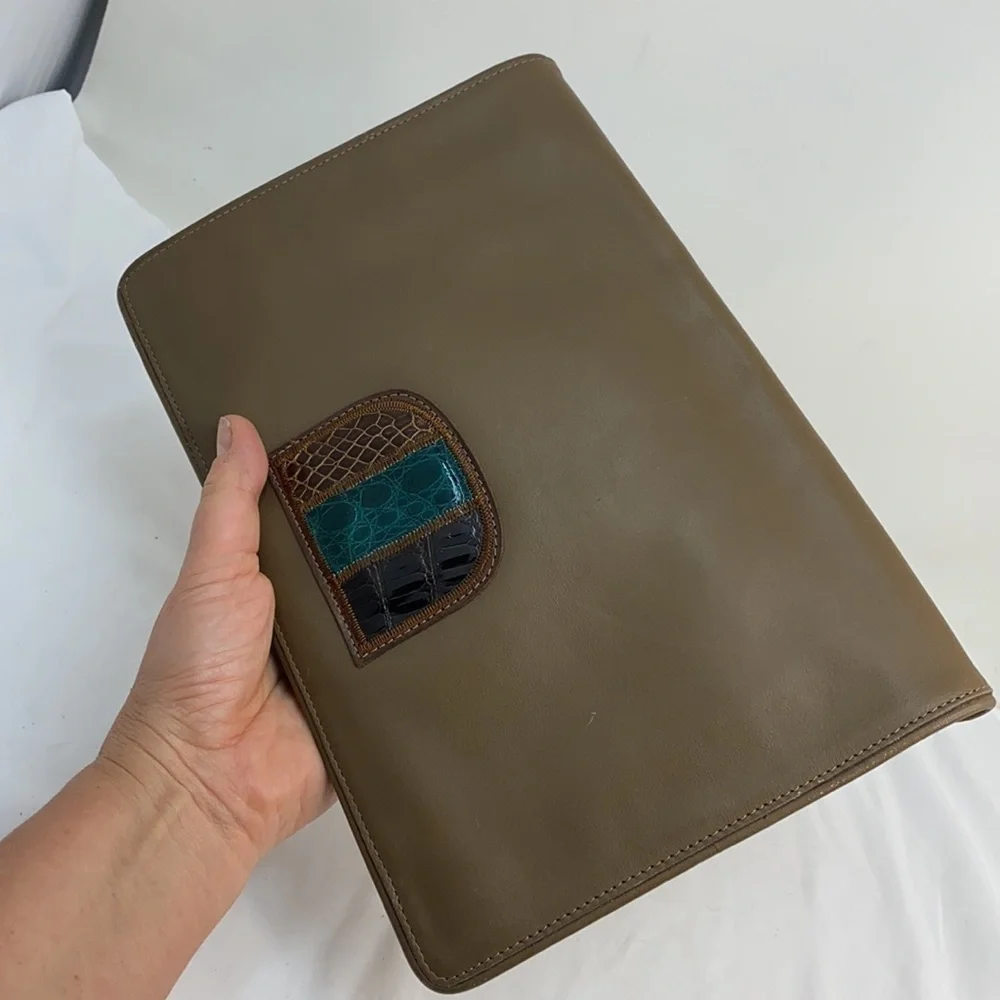 Vintage Large Taupe Brown Leather Envelope Clutch